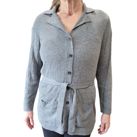 VNTG 90s Liz Claiborne Gray Belted Duster Cardigan Sweater S Petite Quietlux - Picture 8 of 10